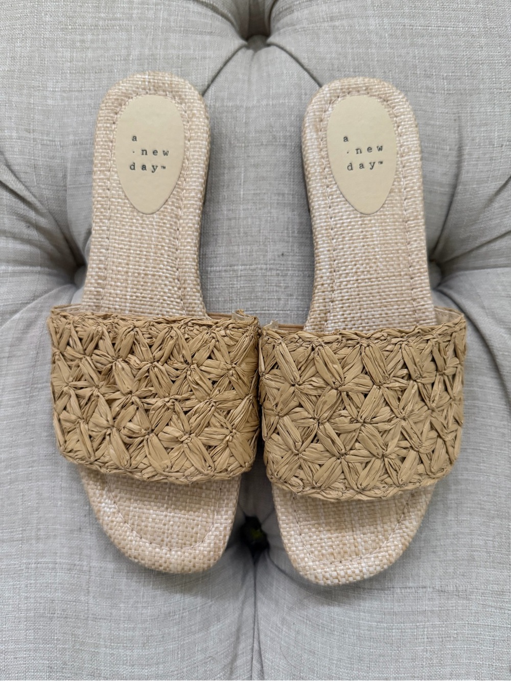 Woven Raffia Woven Slide Sandals - Beige 8 open square toe